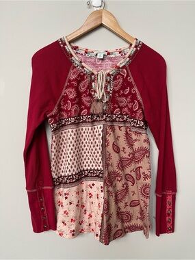 Sundance | Boho Paisley Patchwork Long Sleeve Thermal Top Tassels Embroidery